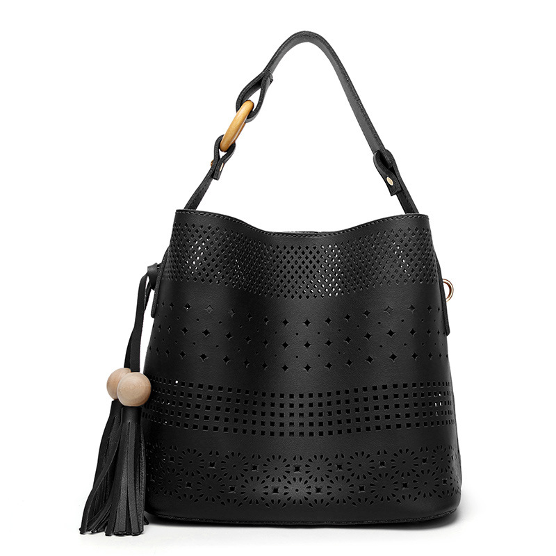 Wholesale Hollow Out Single layer PU Leather Shopping Bag With Tassels